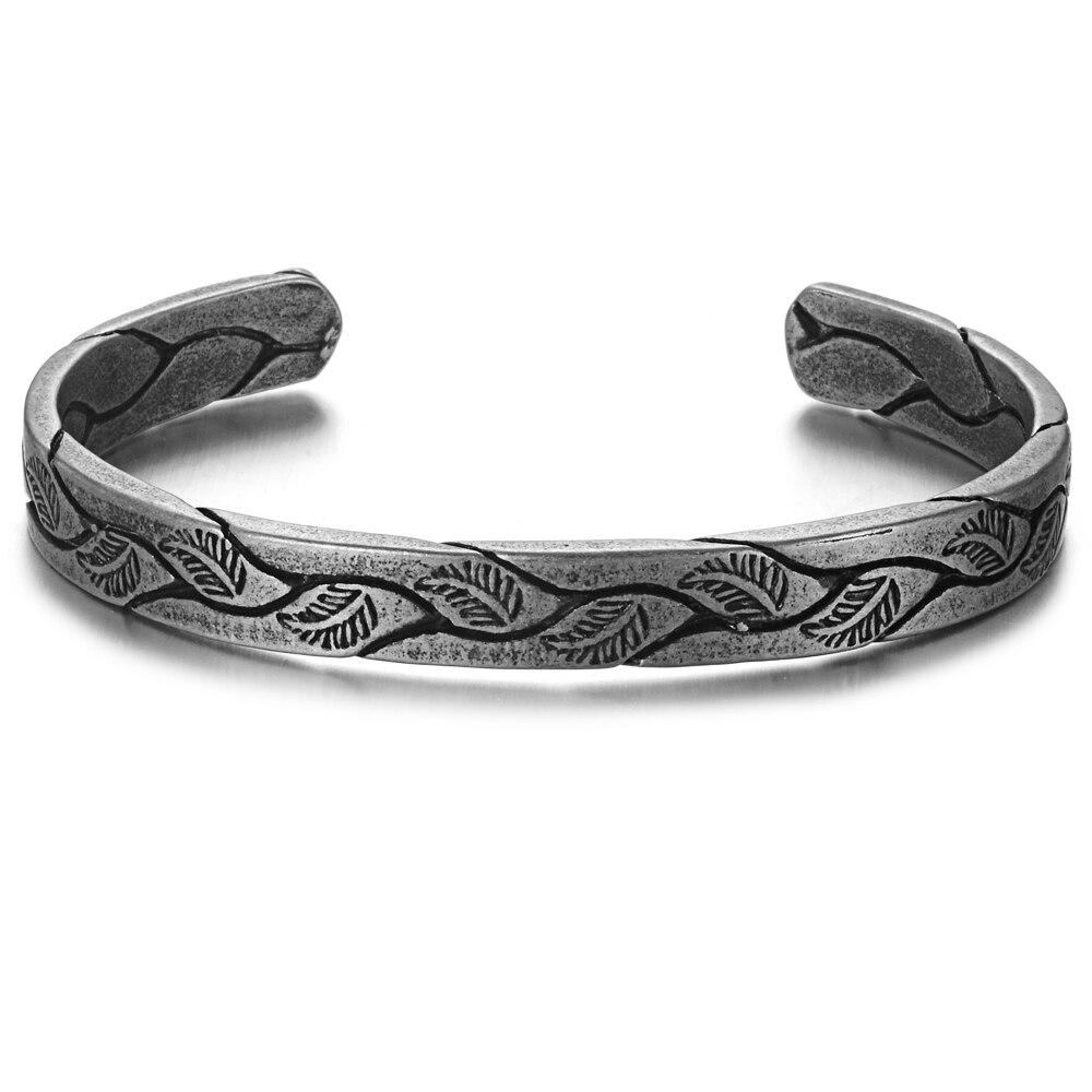 Offene armreifen aus antikem titan-edelstahl, retro-blattmuster, schwarzes punk-wikinger-armband, schmuck für herren