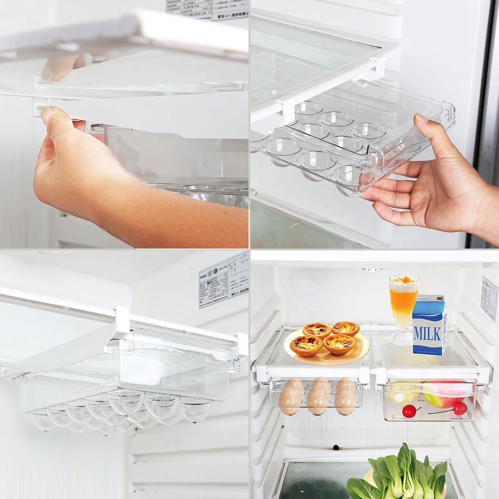 Plastic Clear Fridge Organizer Slide Under Shelf Drawer Box Rack Refrigerator Egg Vegetable Kitchen Fruit Food Storage Container