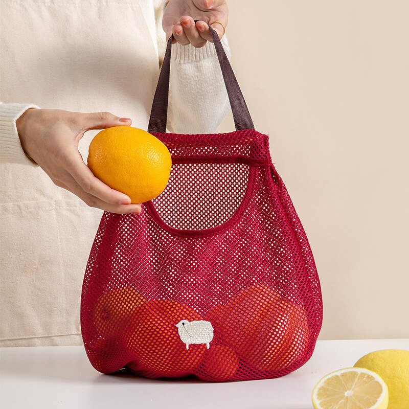 Mesh Vegetable Bags Produce Bag Reusable Cotton Mesh Vegetable Storage Bag Kitchen Organizer Fruit Vegetable With Drawstring: red