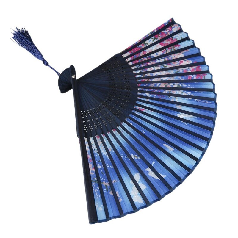 Zijde Chinese Fan Folding Hand Held Silk Bamboo Prints Fan Japanse Serie Vintage Retro Stijl Handgemaakte BlueHand Fan