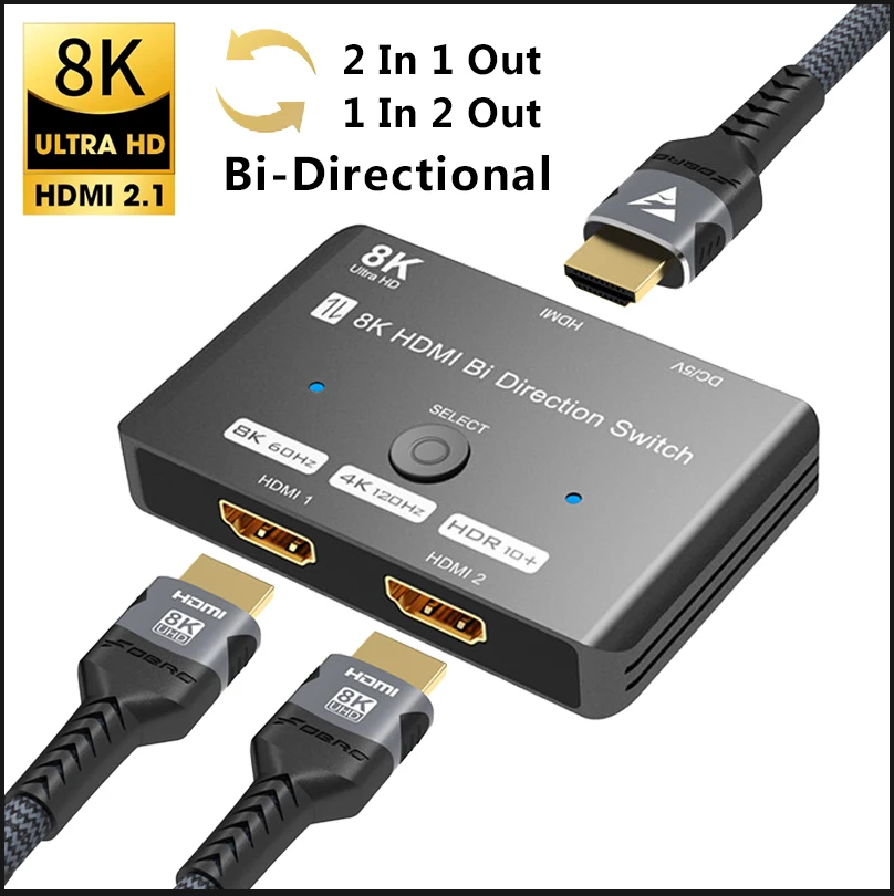 8K HDMI-schakelaar 1 in 2 uit 2 in 1 uit Bidirectioneel 8K bij 60 Hz 4K bij 120 Hz HDMI 2.1 Switcher 2X1 1X2 tweewegconverteradaptersplitter
