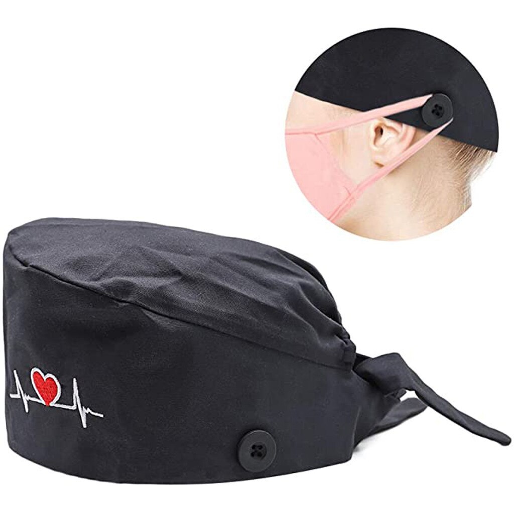 Verpleegkundige Hoeden Caps Voor Vrouwen Gorros Quirurgicos Bloem Pluizige Sanitaire Beanie Met Zweet-Proof Riem Cartoon Print Verpleging Frosted: Black