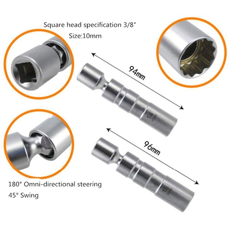 14MM & 16MM Thin Wall netic Swivel Spark Plug Socket - 3/8-Inch Drive 12-Point Spark Plug Socket Removal Tool - Swivel Extens