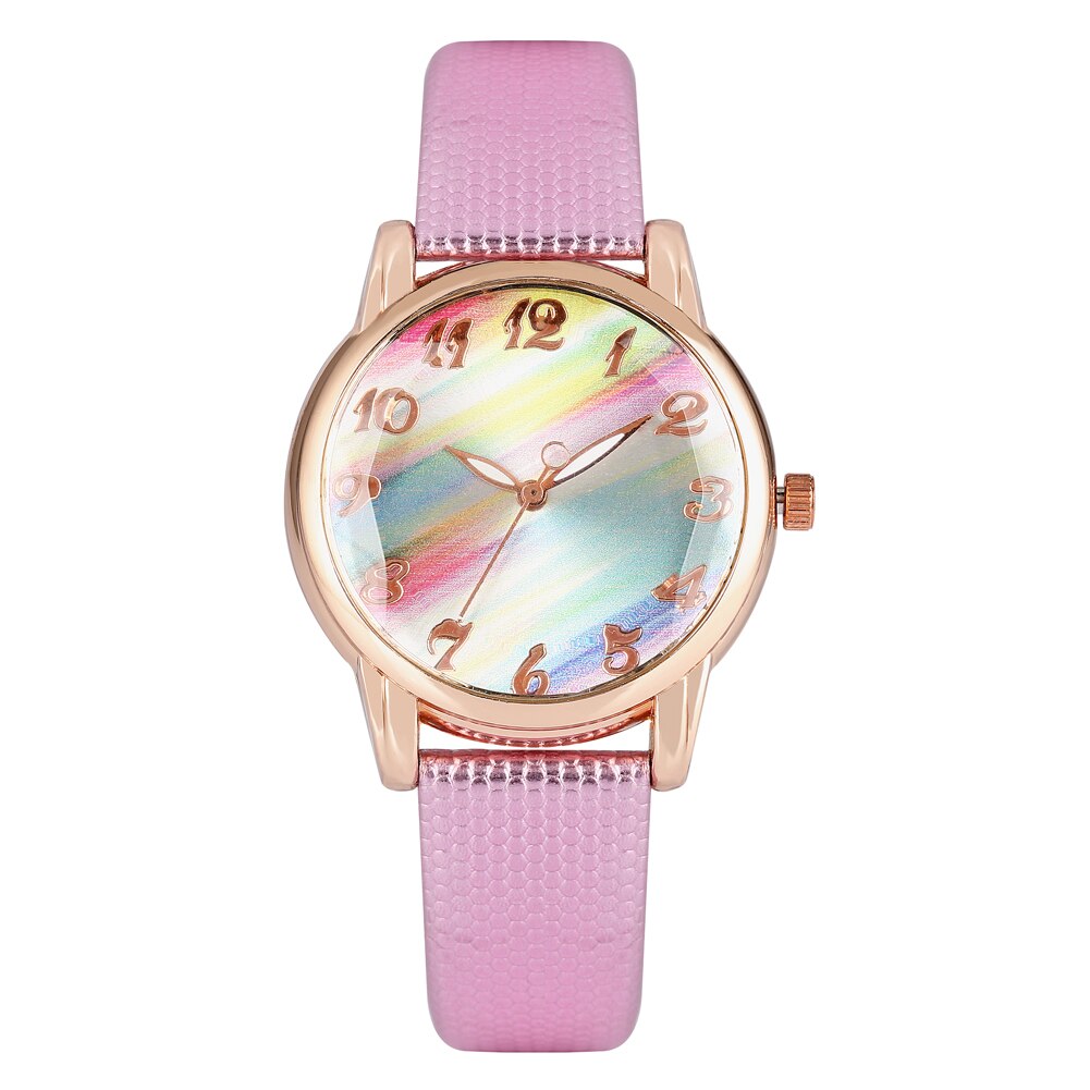 Horloges dames regenboog spiegel damesklok quartz polshorloge wit/roze/rood leren band armband horloge montre femme: Roze band