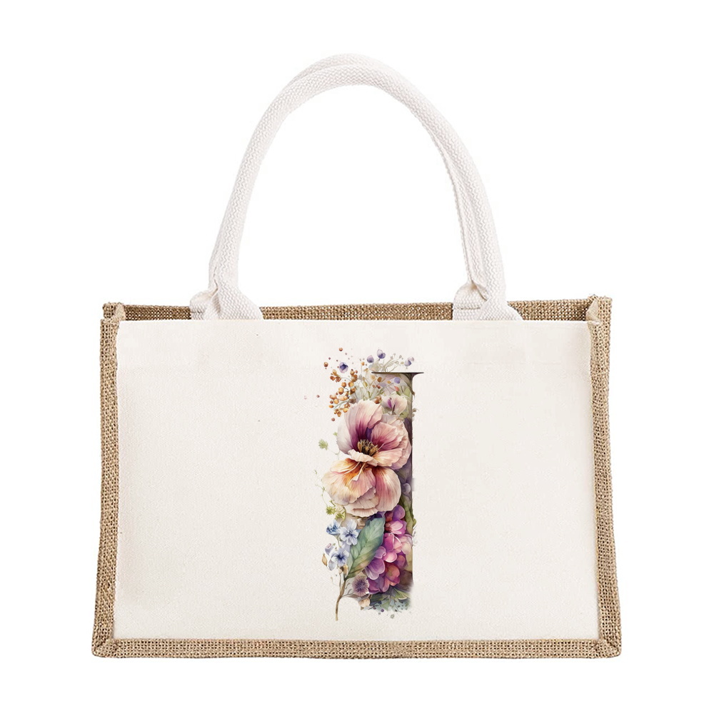 Sac à bandoulière en lin de grande capacité, sac de Shopping pour femmes, motif imprimé de lettres florales, sac d'imitation de Jute: Clair