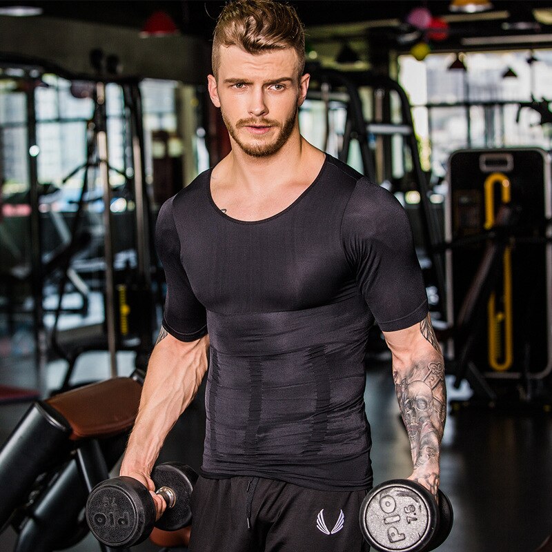 Sømløs muskel mave fitness bodybuilding stram toning træning kortærmet sportstøj hurtig tørre shapers til mænd