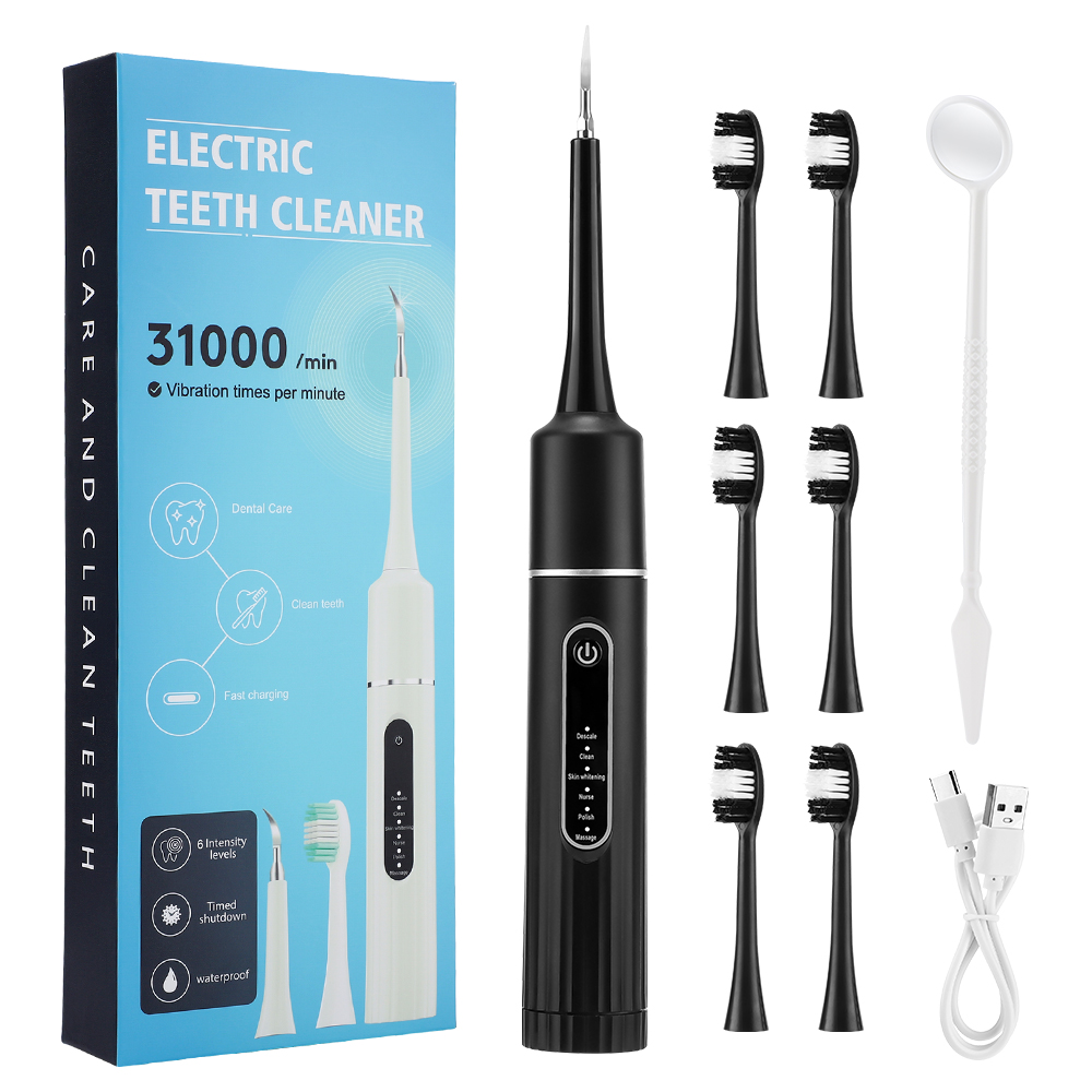 Electric Teeth Cleaner Remove Tartar Plaque Calculus and Tooth Stains Dental Teeth Whitening Kits With 6 Toothbrush Heads Home: BROWN