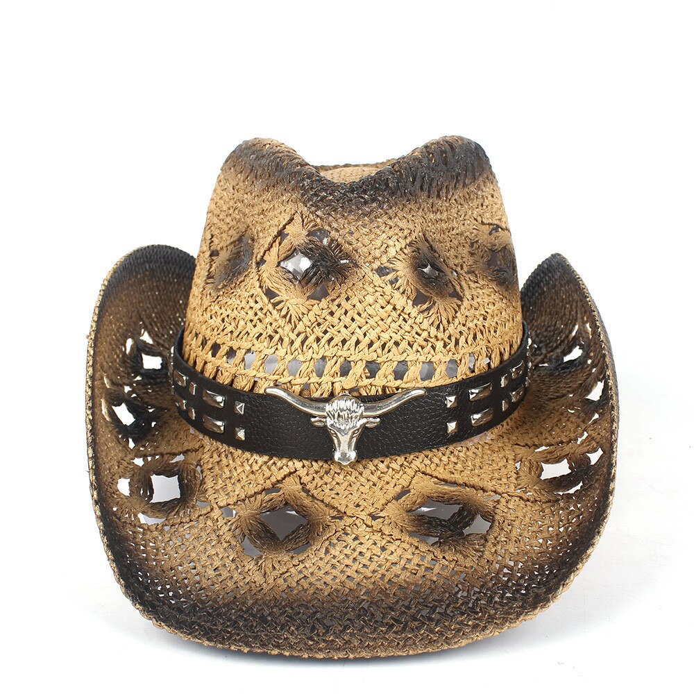 Sombrero de vaquero occidental de paja ahuecado para hombres y mujeres Sombrero de Sol de talla 56- 58 CM