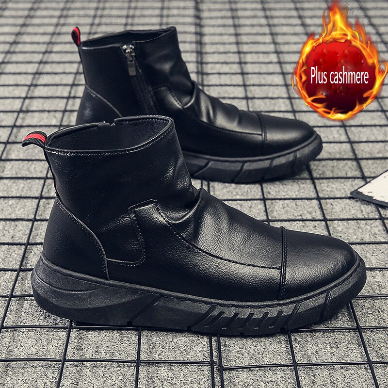 British style high top Martin boots men's boots casual trend men's leather boots set foot zipper Chelsea boots: Black plus velvet / 39