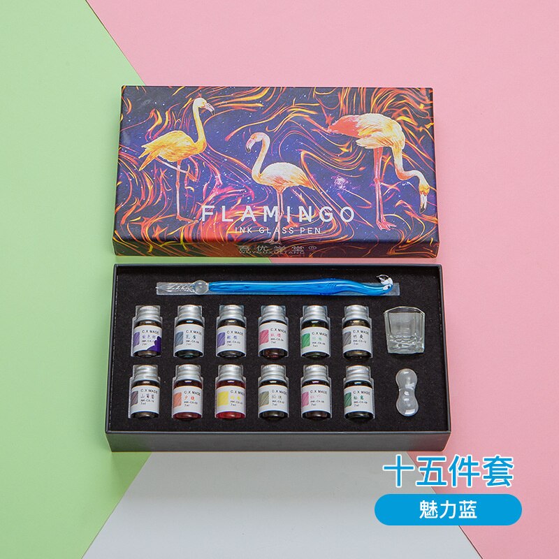 5/15pcs Glass Dip Pen In Water Pencil Color Ink Glass Signature Pencils Stationery Dip Pens And Ink Sets: 15 Blue
