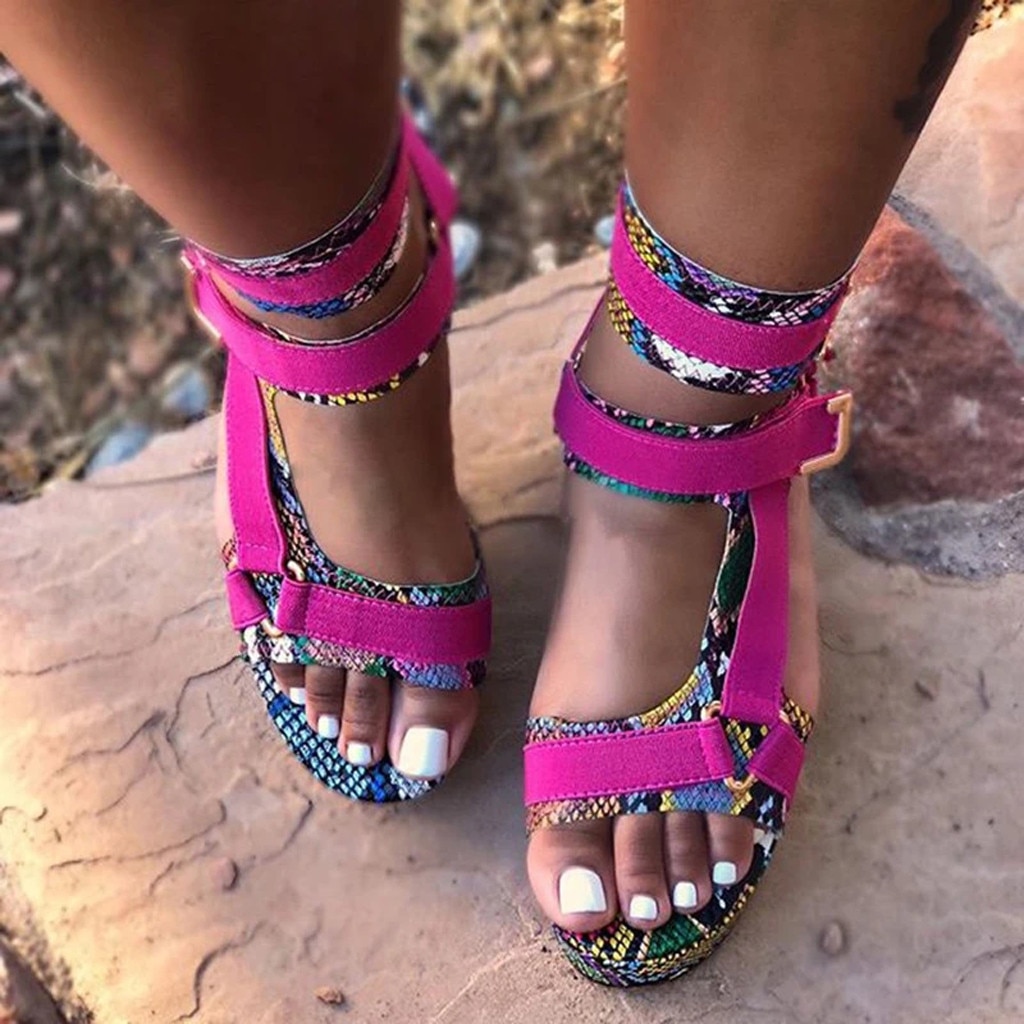 Sandalias de plataforma para mujer, zapatos planos para playa con punta abierta, correa de tobillo, piel de serpiente, cuero transpirable, informales