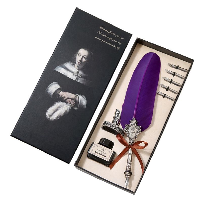 Retro Classical Feather Quill Dip English Calligraphy Fountain Pen with Writing Ink 5 Nibs Kit Set Stationery Box B36C