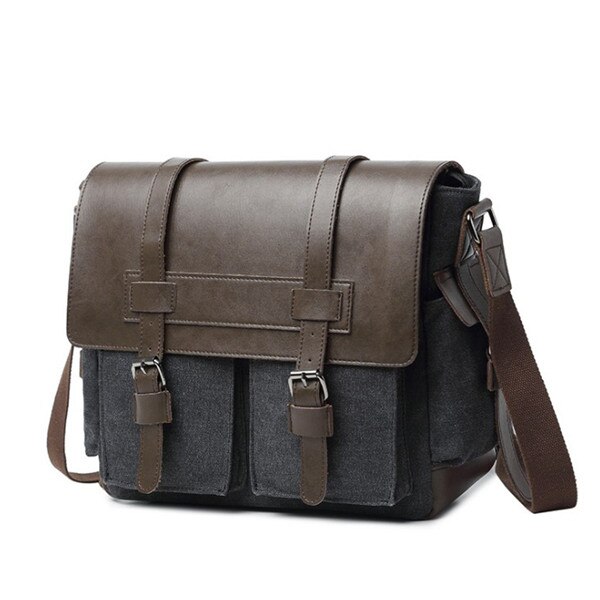 Canvas Handtas Mens Waterdichte Schoudertas Vintage Canvas Lederen Aktetassen 14 "Laptop Messenger Bags Grote P1009: Black