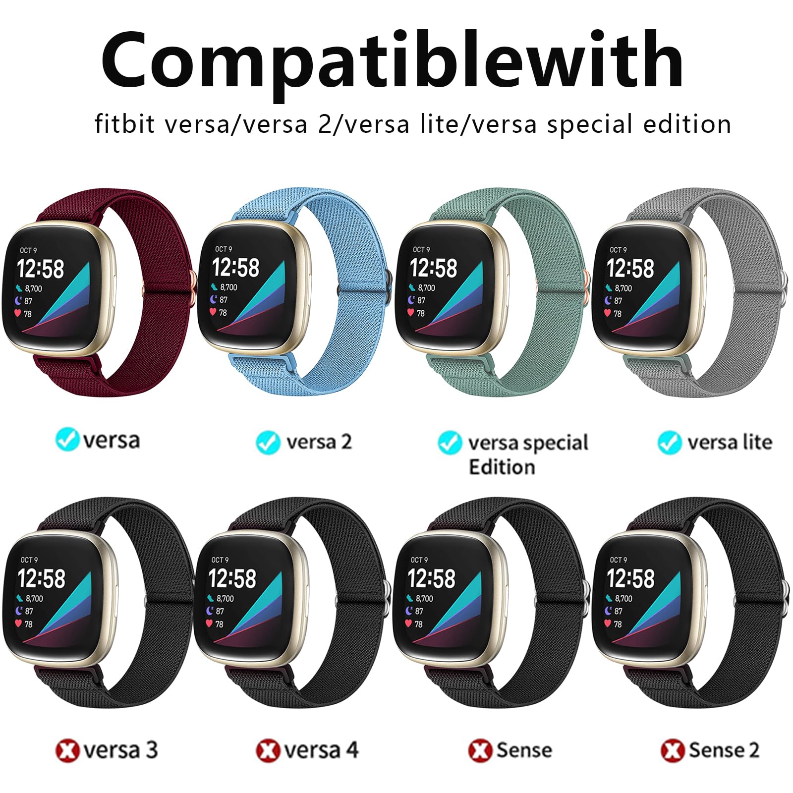 5 -pakning med rem til fitbit versa 2 1 versa lite-rem, justerbar elastisk vevd nylonløkke, sportsklokkerem, fitbit føle-rem