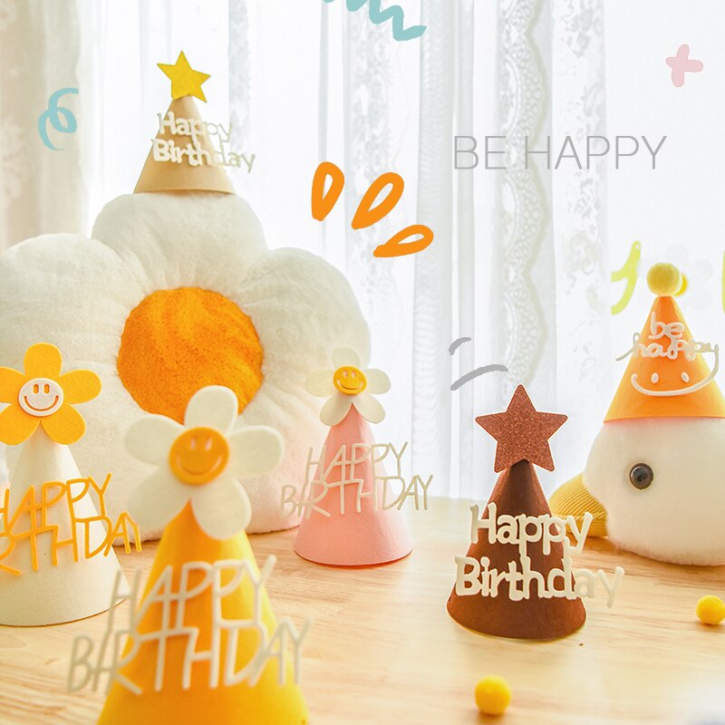 Ins barn gul blomst bursdagshatt liten tusenfryd festhatt baby shower hodeplagg hvit gratulerer med dagen smil pannebånd