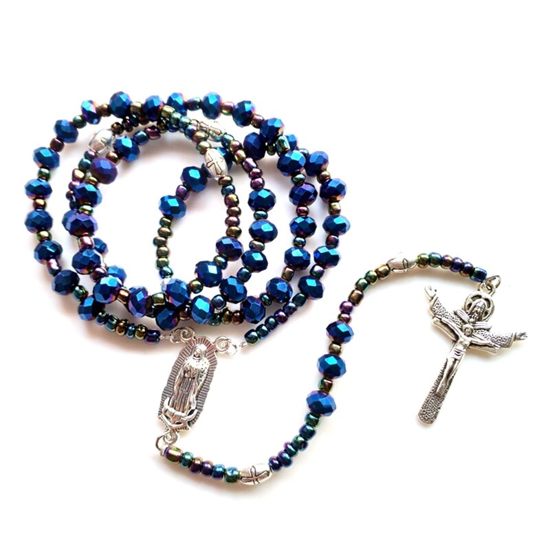 Orthodoxe Kerk Crucifix Cross Hangers Rozenkrans Ketting Christus Gebed Blauw Plated Rozenkransen Kralen Ketting Religieuze Sieraden