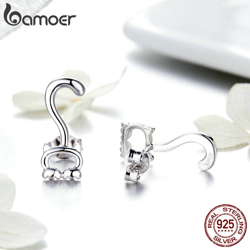 BAMOER Authentische 925 Sterling Silber SchöNe Katze Kätzchen Langen Schwanz Muschi Mädchen Zucht Ohrringe Modeschmuck SCE564