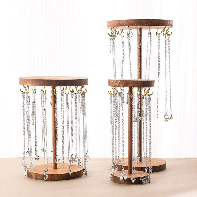 Halsbandshållare, arrangör, smyckesträd, stativ med 12/18 metallkrokar, trähalsbandsdisplaytorn för hemmet eller mässförsäljning