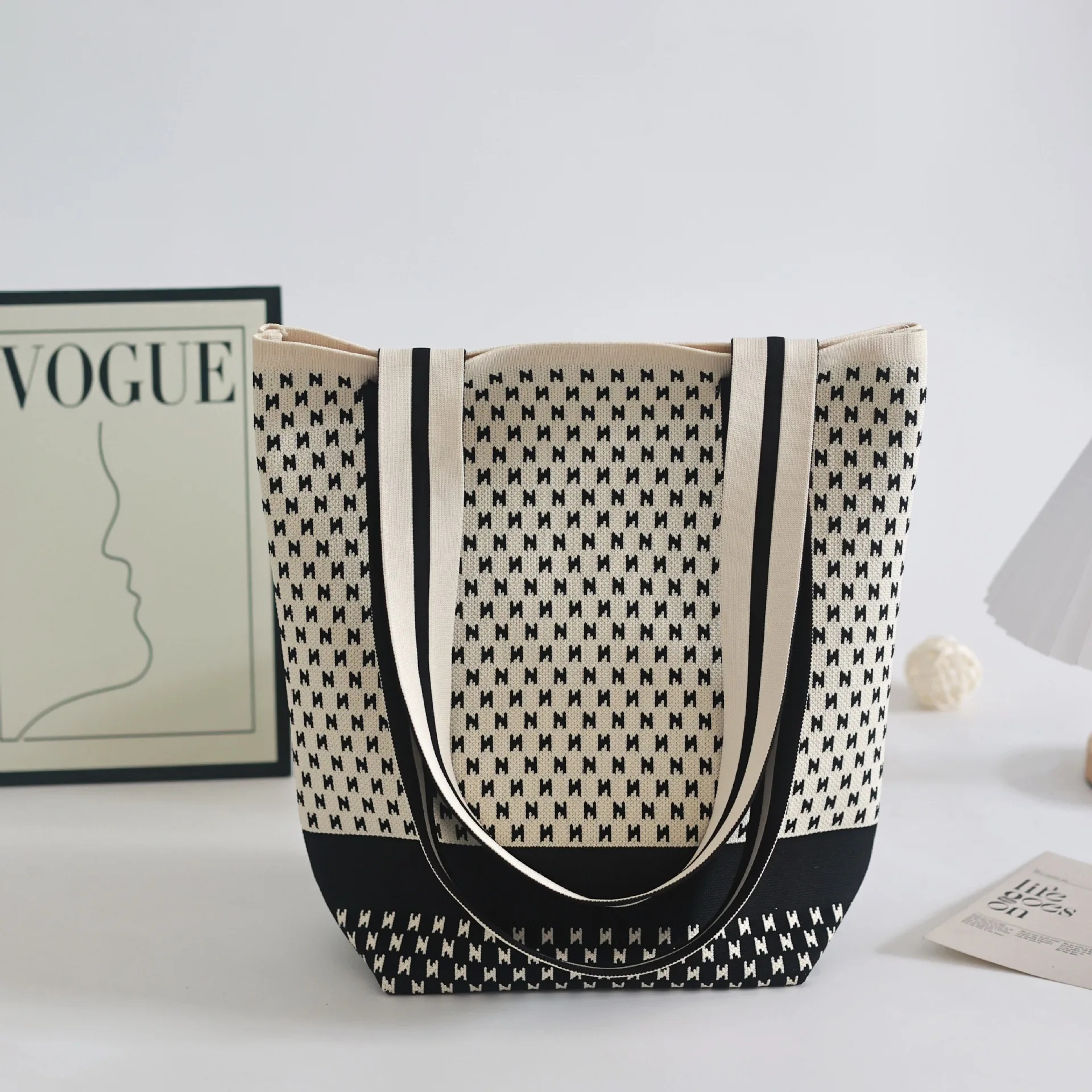 Bolso tipo cubo de punto de alta gama, bolso de hombro para mujer, bolso de de gran capacidad, estilo minimalista Neutral, fibra de poliéster: Beige