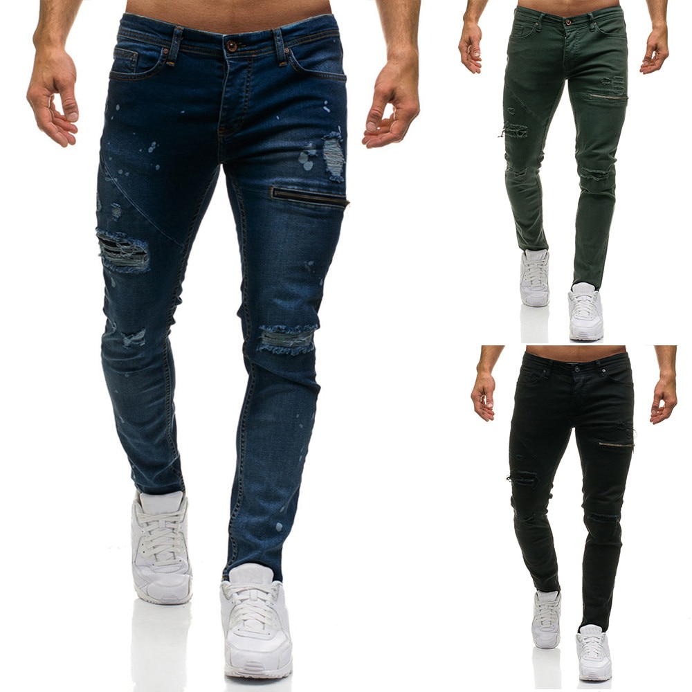 DOUDOULU Men's Casual Skinny Denim Stylish Zipper Jeans Casual Holes Denim Pants harem pants jogger sweatpants hombres #SS