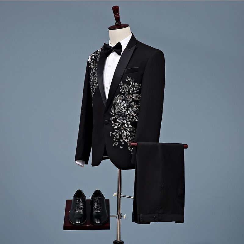 Traje de 2 piezas con estampado Floral para hombre, chaqueta con bordado , negro, plateado, para cantante de escenario, boda, novio, pantalones, 2 piezas