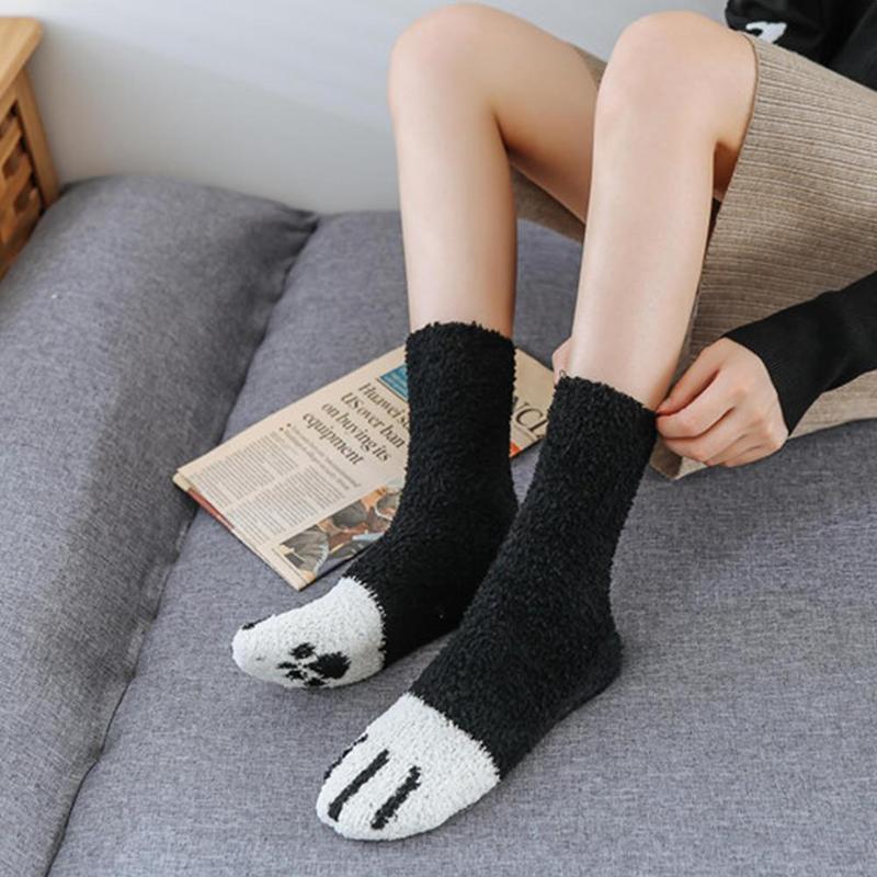 1 par Coral lana calcetines huellas gato estampado de huella Calcetines gruesos lote más cálido invierno de dibujos animados dormir de X3O6