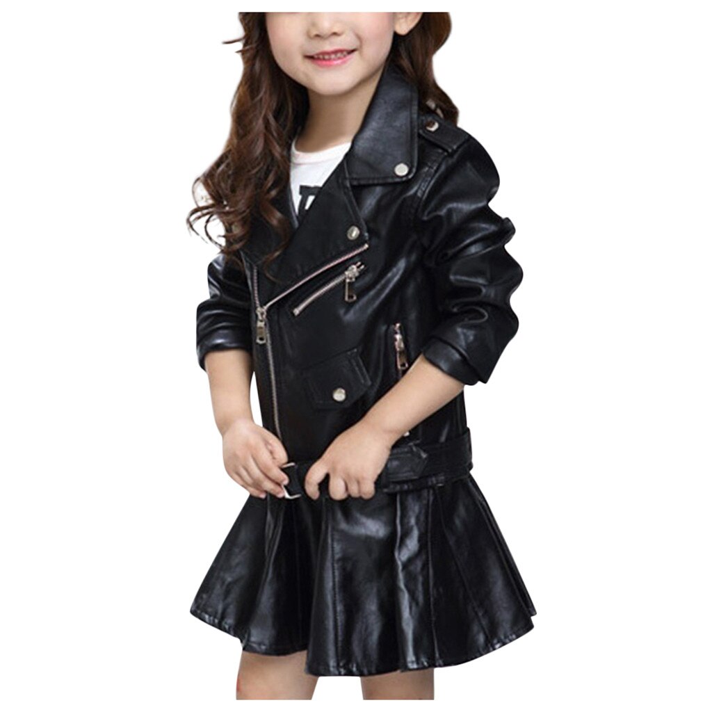 Chaqueta de Pu para niños de primavera y otoño, chaqueta de cuero para motocicleta de Color puro de manga larga, prendas de vestir con cremallera, abrigo fresco para niñas # G30: Black / 9