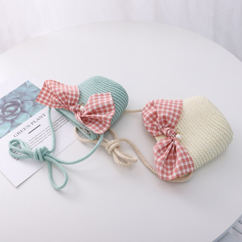 Zomer Kind Prinses Leuke Cartoon Stro Hoed Met Handtassen Tassen 2 Stuks Een Set Kids Meisje Baby Boog Plaid panama Zonnehoed