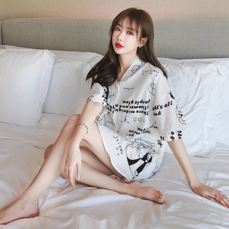 Zomer Vrouwen Wit Nachthemd Nachtkleding Turn-Down Kraag Sexy Chiffon Casual Modieuze Pyjama Halve Mouwen Print