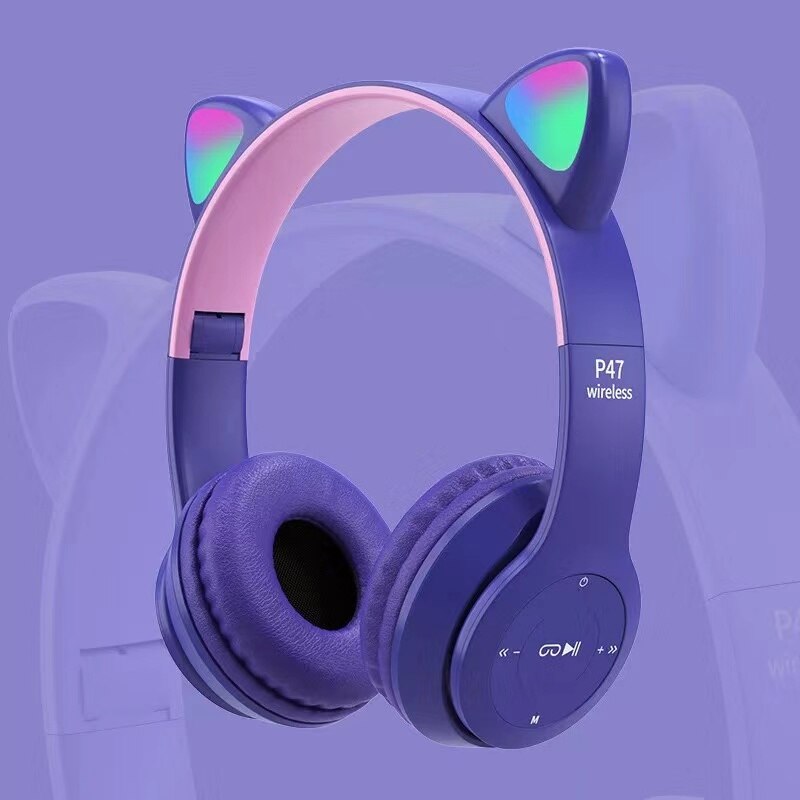 Leuke Kat Oren Bluetooth Draadloze Hoofdtelefoon Met Microfoon Kan Controle Led Kid Meisje Stereo Muziek Helm Telefoon Headset: Purple