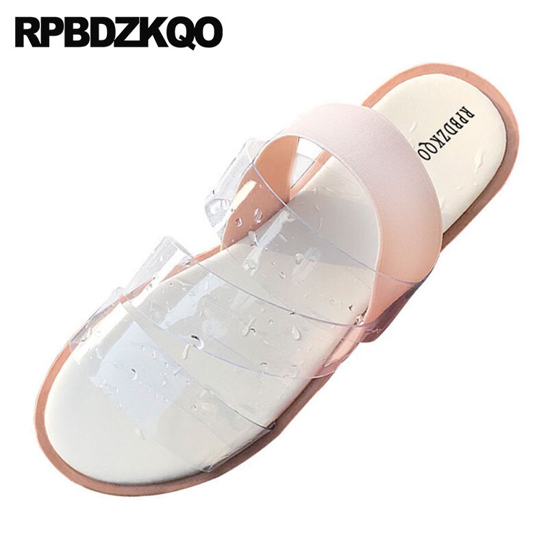 Zapatos de playa de plástico de vacaciones sandalias de las mujeres planas casual slip on pvc transparente punta abierta slingback claro cómoda