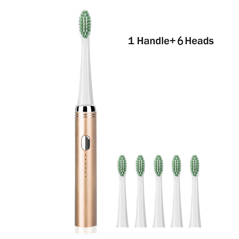 Ultrasonic Electric Toothbrush Adult Set Stainless Steel Waterproof Powerful Electric Toothbrush Sonic USB Charger Whitening: gold 6 heads