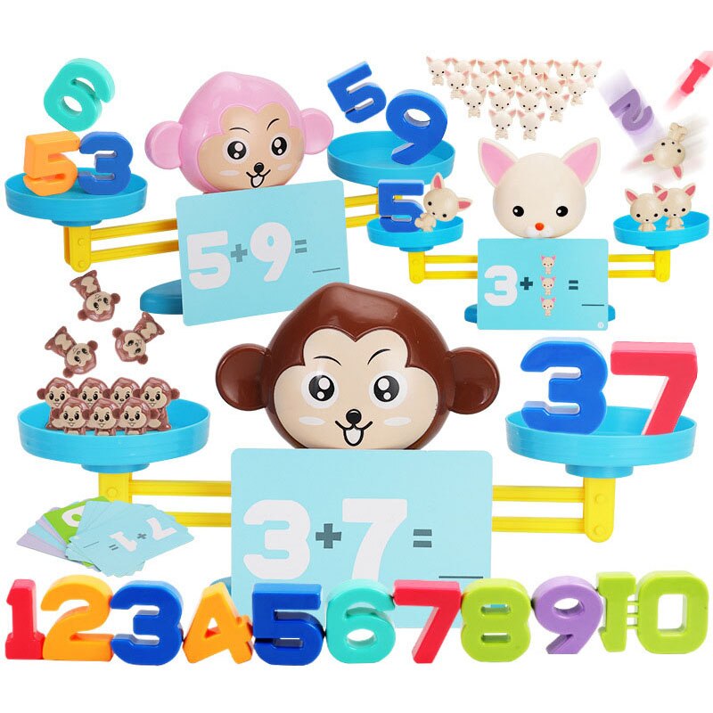 Math Match Game Board Toys Monkey Cat Digital Balance Scale Toy Kids Educational Learning Toy Add Subtract Math Toys Kids