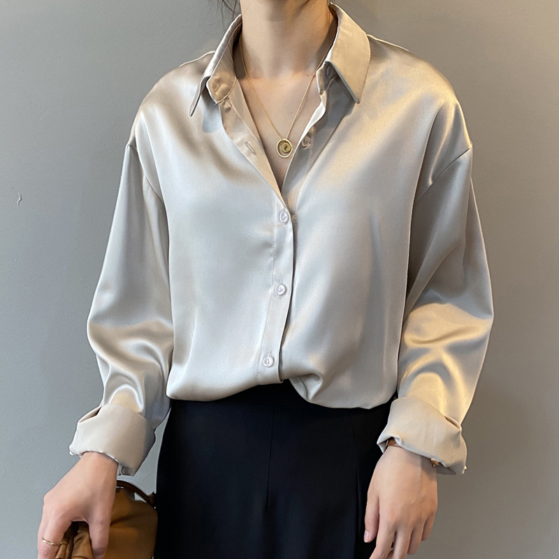 Vårskjorte med knapper i sateng og silke, vintagebluse, hvite topper, dame, lange ermer, løse gateskjorter, 11355