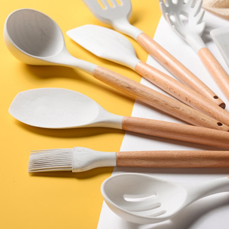 12/11PCS White Silicone Kitchenware Cooking Utensils Set Heat resistant Non-Stick Pan Cooking Spatula Spoon Wooden Handle