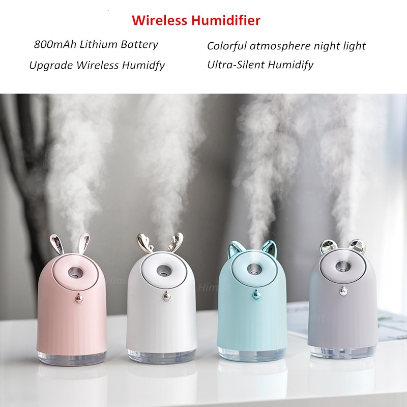 Trådløs luftfugter med 800 mah batteri ultralyd cool-mist yndig humidificador aromaterapi æterisk olie diffusor