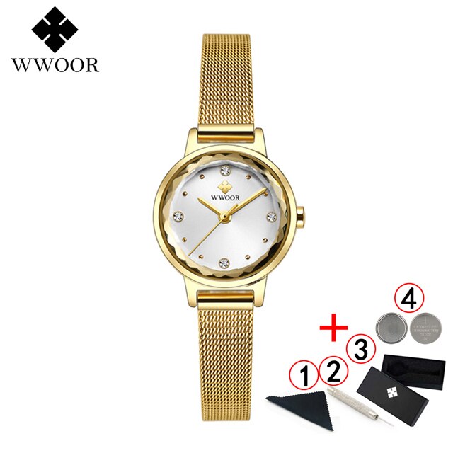 Armbinde Uhren Frauen Luxus WWOOR oben Wasserdichte Stahl Gurt Kristall Damen Handgelenk Uhren Relogio Feminino: Gold Weiß Kasten