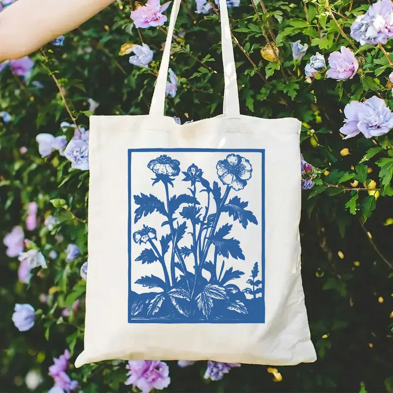 Boho Floral Print Canvas Tote Bag Women's Aesthetics Wildflowers Beach Shoulder Bag Student Casual Travel Floral Trend Handbag: Beige