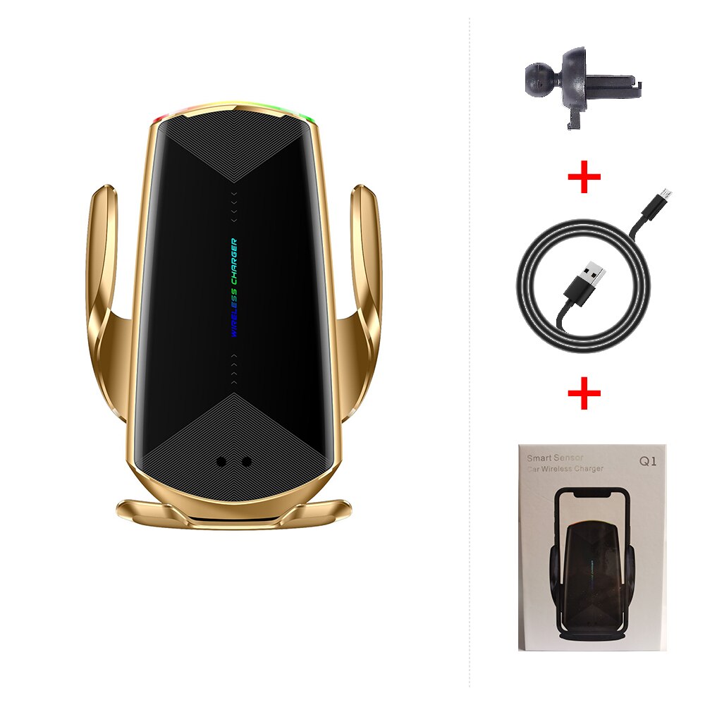 Qi Car Wireless Charger 15W Automatic Clamp Quick Charge foriphone 11 pro forHuawei P40 pro Mate30 pro Infrared Sensor Holder: Gold