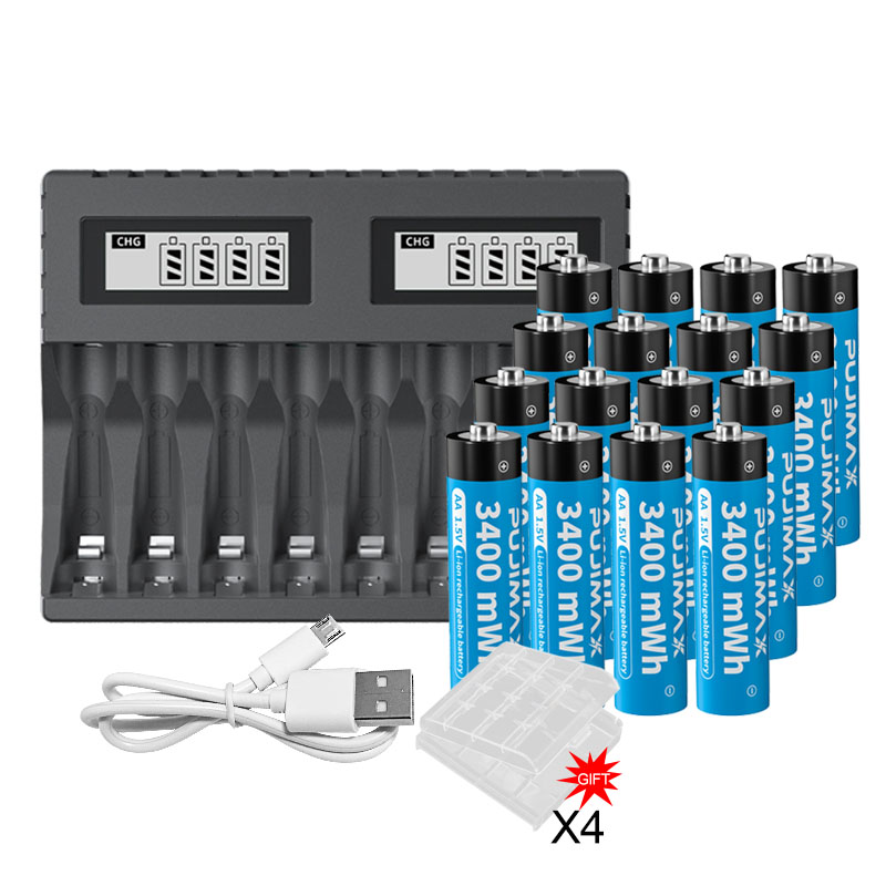 PUJIMAX 1.5V Rechargeable Lithium Battery 3400mWh Large Capacity Li-ion Battery With 8-slot 1.5V Li-ion Battery Charger: black