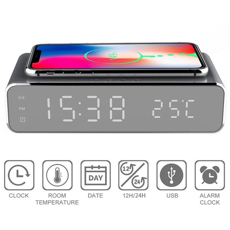 3-In-1 Telphone Draadloze Oplader Elektrische Led Wekker Thermometer Disaplay Qi Standaard Voor Ios Android
