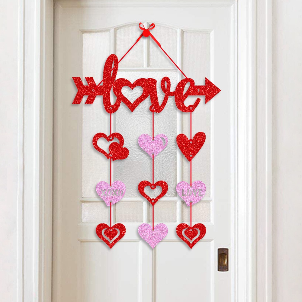 Letrero de puerta del Día de San Valentín, romántico de corazón rojo, adorno colgante para puerta delantera, letra feliz impresa, decoración de corona del 14 de febrero