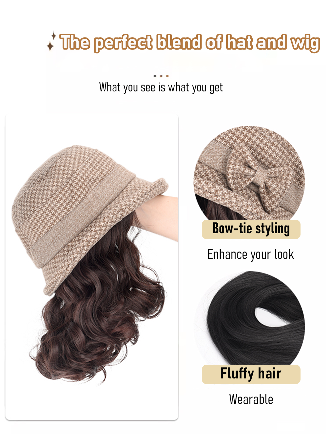 Synthetic 6inch plaid fisherman hat short curly hair wig brown princess curly roo cold warm horse roll Christmas