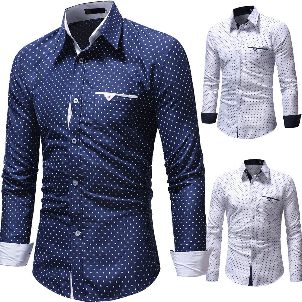 Clothes Shirts Autumn Casual Formal Broadcloth Polka Dot Men Slim Fit Long Sleeve Turn-Down Shirt Top Blouse Chemise Homme