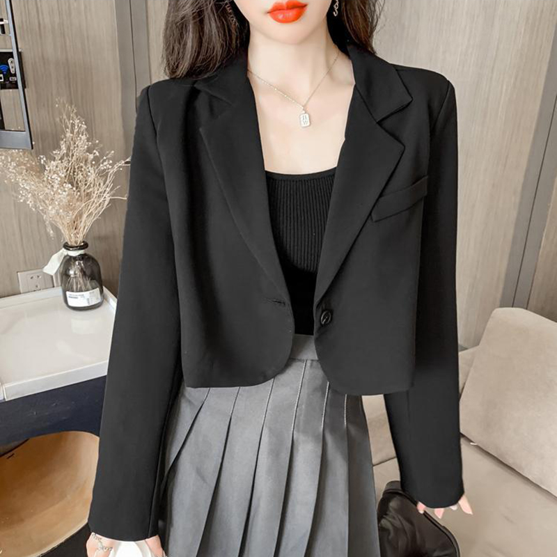 Cropped Blazers for Women Korean Long Sleeve Button Up Suit Jacket Woman All Match Office Blazer Female: M / black