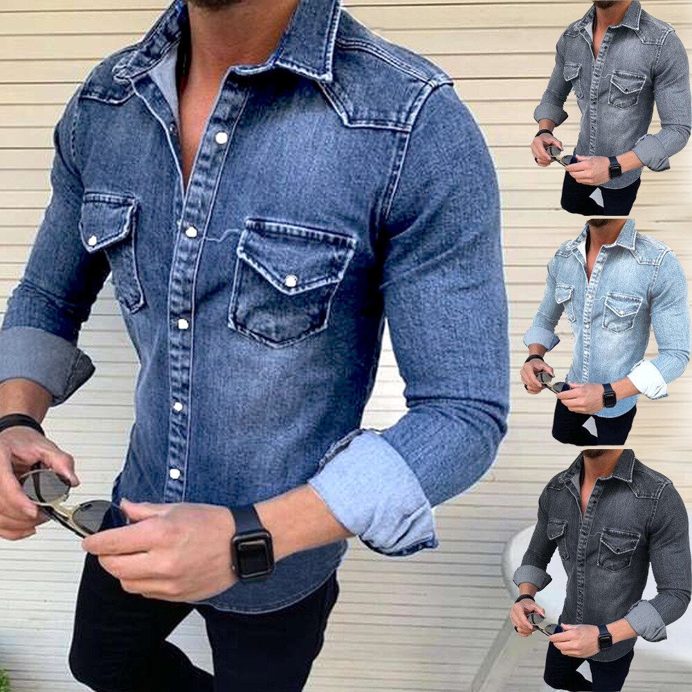 Chemise En Denim Pour Homme - Taille Large (L) - Bleu - Manches Longues - Neuf Sans étiquette