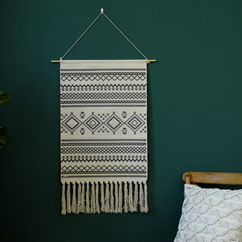Makrame væghængende boheme håndlavet bomulds frynser kvast banner med hængestang til værelse vægindretning (sendia-sort)