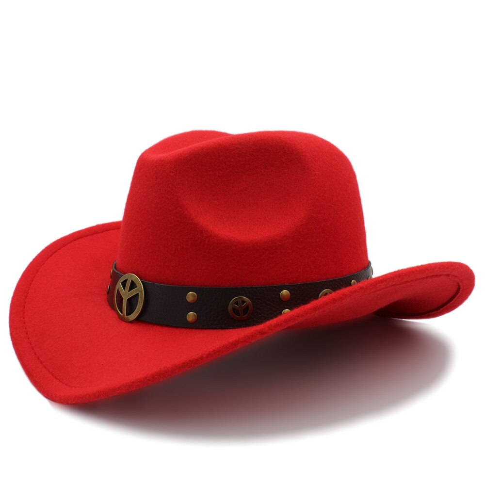 Men Wool Hollow Western Cowboy Hat for Gentleman Cowgirl Jazz Equestrian Sombrero Hombre Cap Size 56-58cm: Red