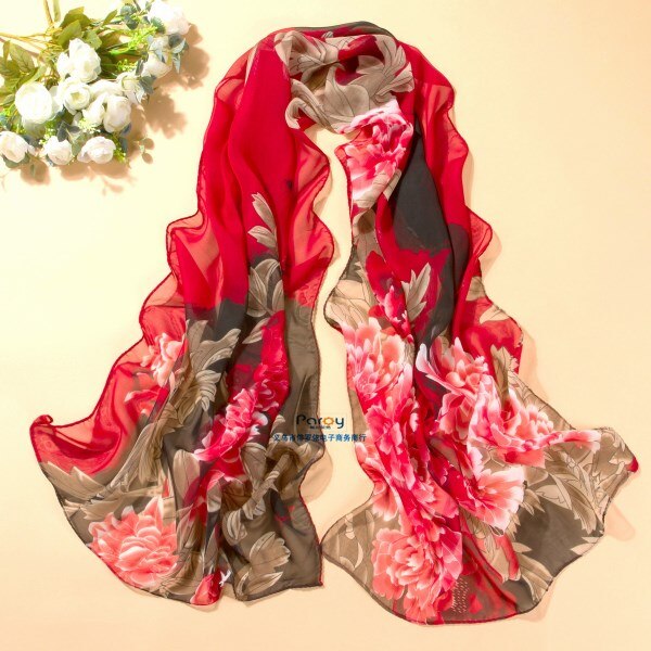 Forår og efterår chiffon kvinder tørklæde print geometrisk mønster lang blød silke sjal: A1