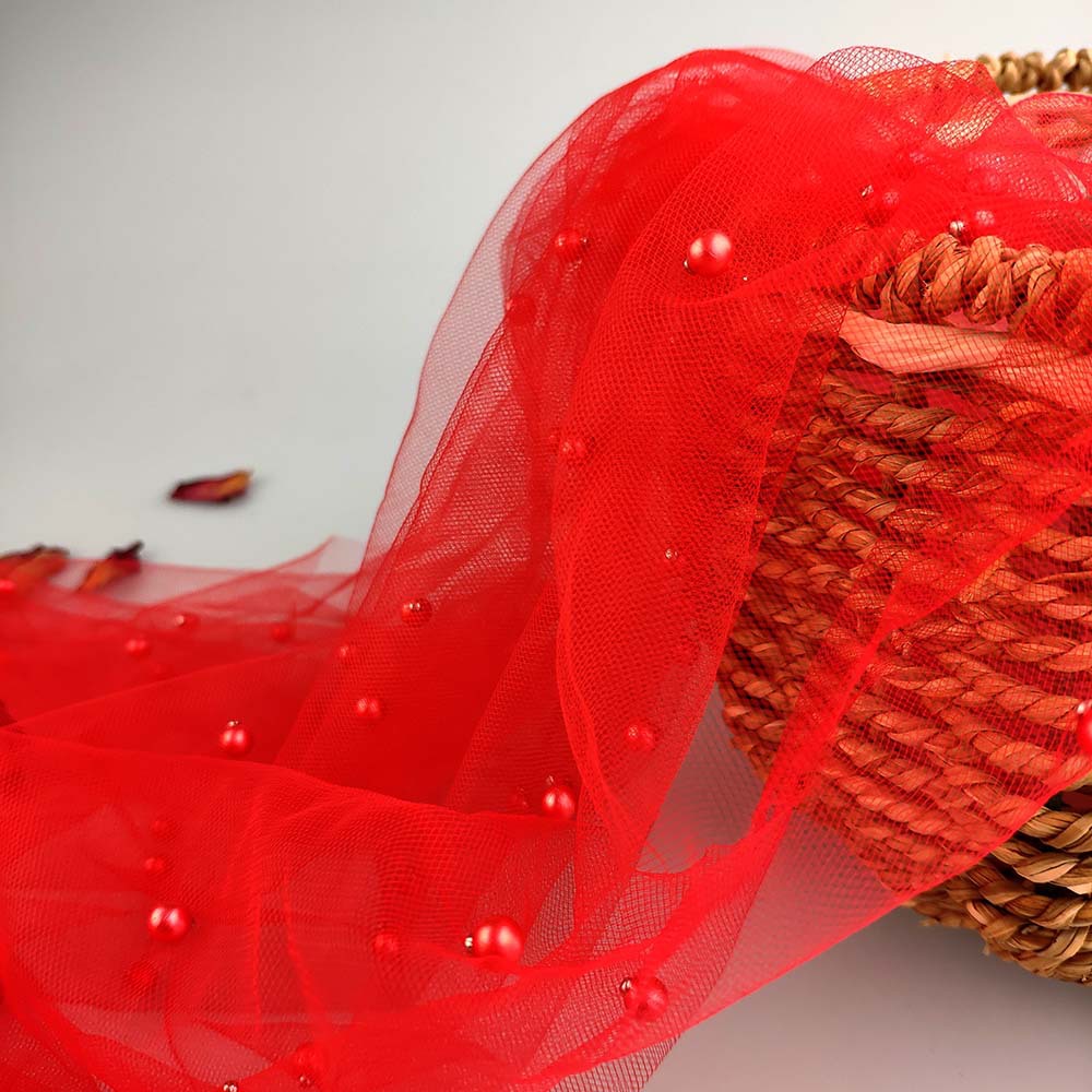 Tissu en Tulle et dentelle perlée, 5 mètres, décoration pour robe, , en Stock, 2022: Red 5Y